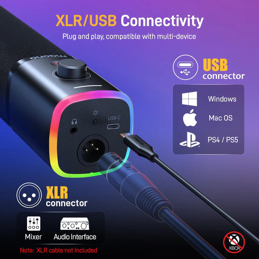 MAONO PD100X Dynamic Microphone. Software Noise Reduction Included. RGB Gaming Mic. Enhances Gaming Experience. Ideal for Record
