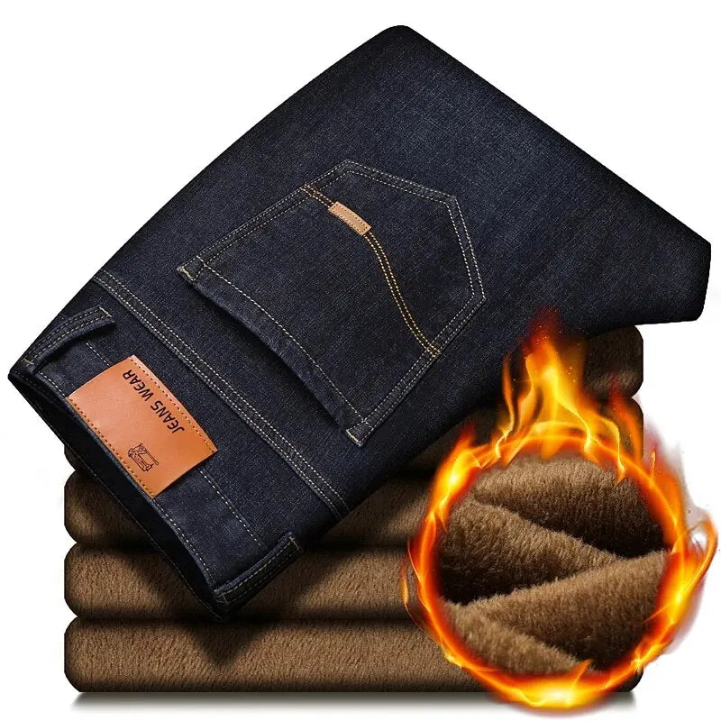 Men's Reflective Fleece-Lined Jeans - Thick Warm Lining, Durable Denim & Reflective Trim, Safe for Winter Night Commute & Casual