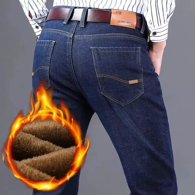 Men's Reflective Fleece-Lined Jeans - Thick Warm Lining, Durable Denim & Reflective Trim, Safe for Winter Night Commute & Casual