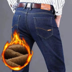 Men's Reflective Fleece-Lined Jeans - Thick Warm Lining, Durable Denim & Reflective Trim, Safe for Winter Night Commute & Casual