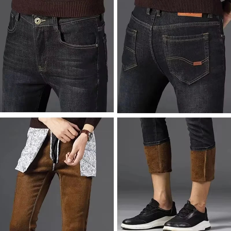 Men's Reflective Fleece-Lined Jeans - Thick Warm Lining, Durable Denim & Reflective Trim, Safe for Winter Night Commute & Casual