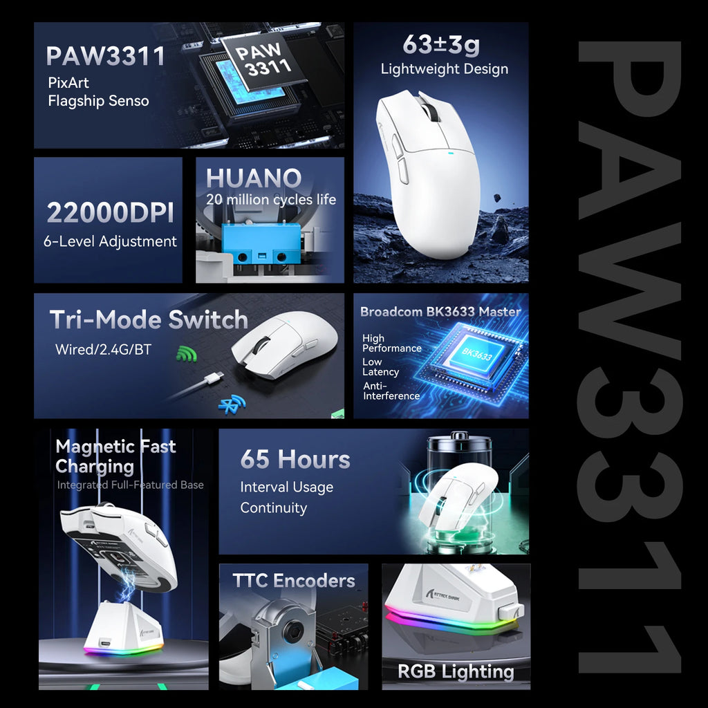Attack Shark X11 Mouse PAW3311 Wireless 1K Hz Macro Magnetic RGB Docking Charger for Gaming