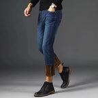 Men's Reflective Fleece-Lined Jeans - Thick Warm Lining, Durable Denim & Reflective Trim, Safe for Winter Night Commute & Casual
