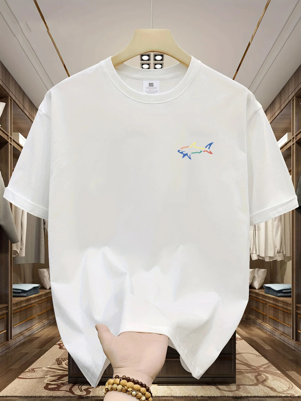 Men's summer 100 cotton fashionable casual loose plus size shark pattern printed sports round neck short sleeved T-shirt top
