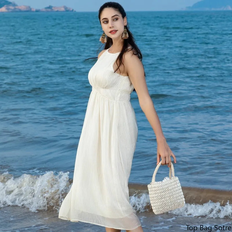 Women's Tote Bag Large Capacity Color Block Wooden Beaded Handmade Bohemian Summer Beach Resort Vacation
