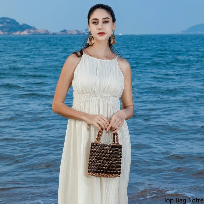 Women's Tote Bag Large Capacity Color Block Wooden Beaded Handmade Bohemian Summer Beach Resort Vacation