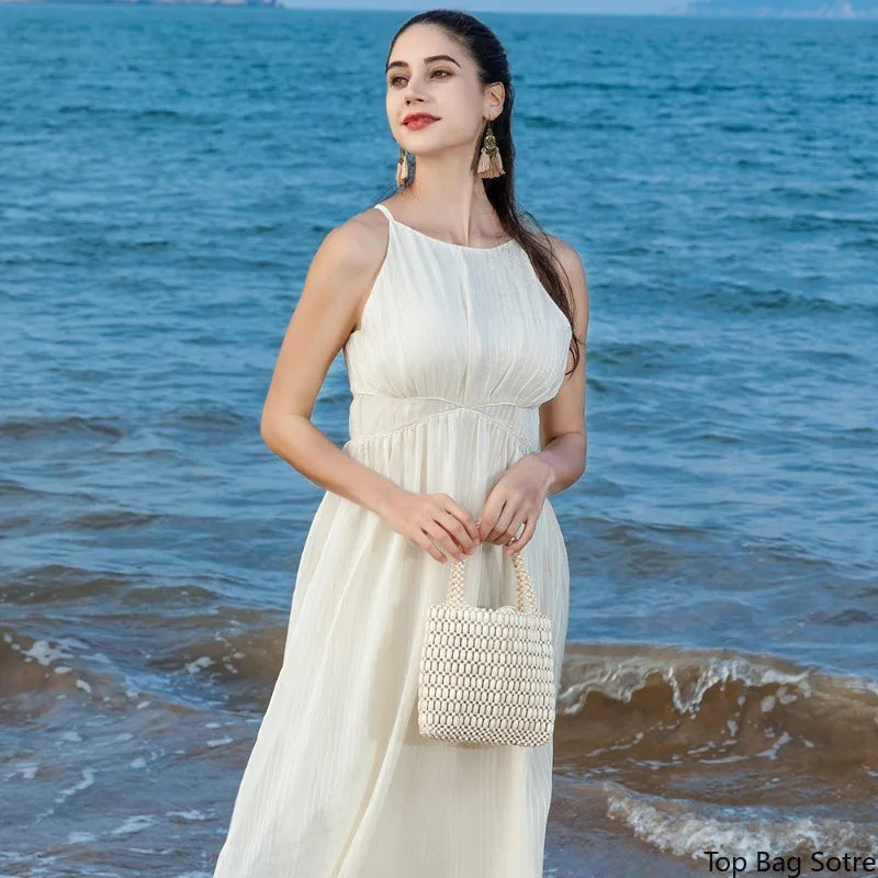 Women's Tote Bag Large Capacity Color Block Wooden Beaded Handmade Bohemian Summer Beach Resort Vacation