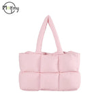 Women Tote Handbags Quilted Plaid Bag Retro Trendy Checkered Waterproof Shoulder Bag Solid Color Winter Soft Large Capacity Bags
