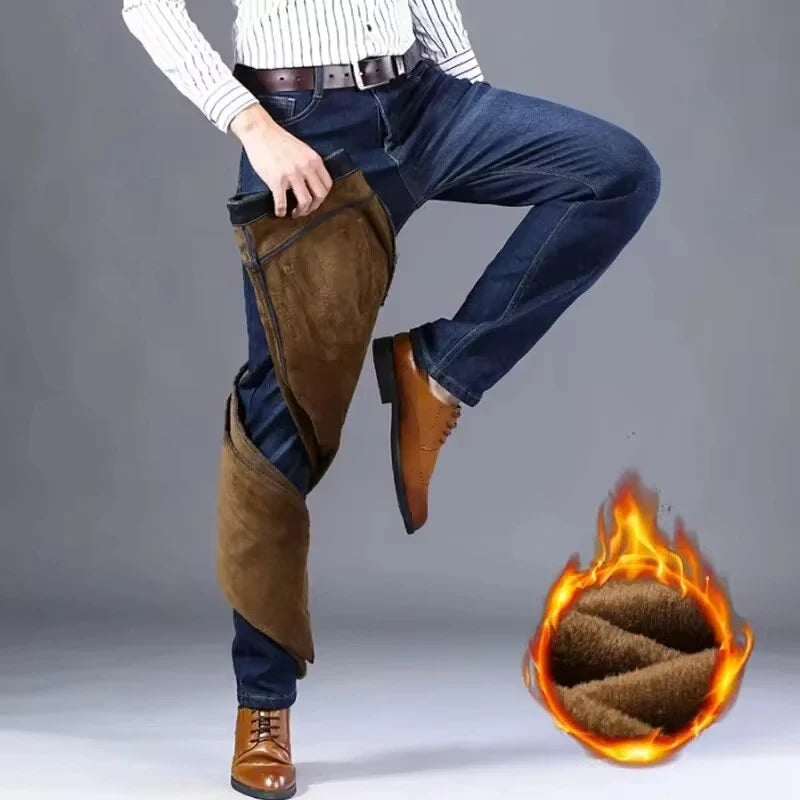 Men's Reflective Fleece-Lined Jeans - Thick Warm Lining, Durable Denim & Reflective Trim, Safe for Winter Night Commute & Casual